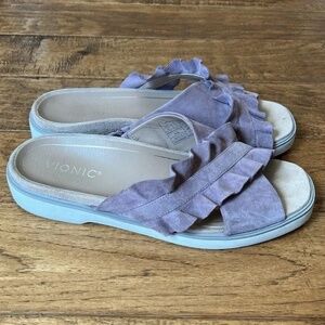 Vionic Azalea Slide Sandals Orthotic Comfort Shoes Mauve Suede Leather Size 9